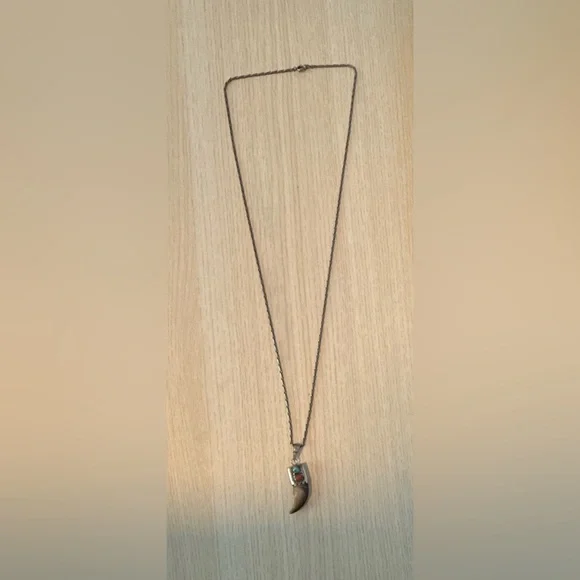 Native American Navajo bear claw pendant turquoise + coral silver 30” necklace - Picture 3 of 6